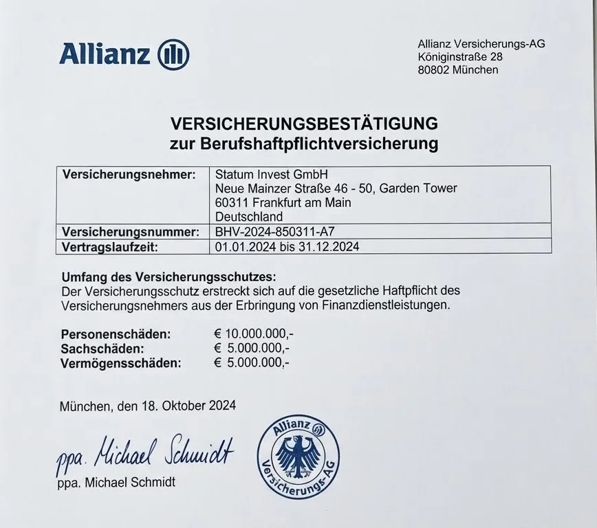 Страховое подтверждение Allianz о страховании профессиональной ответственности на сумму до 10 000 000 EUR